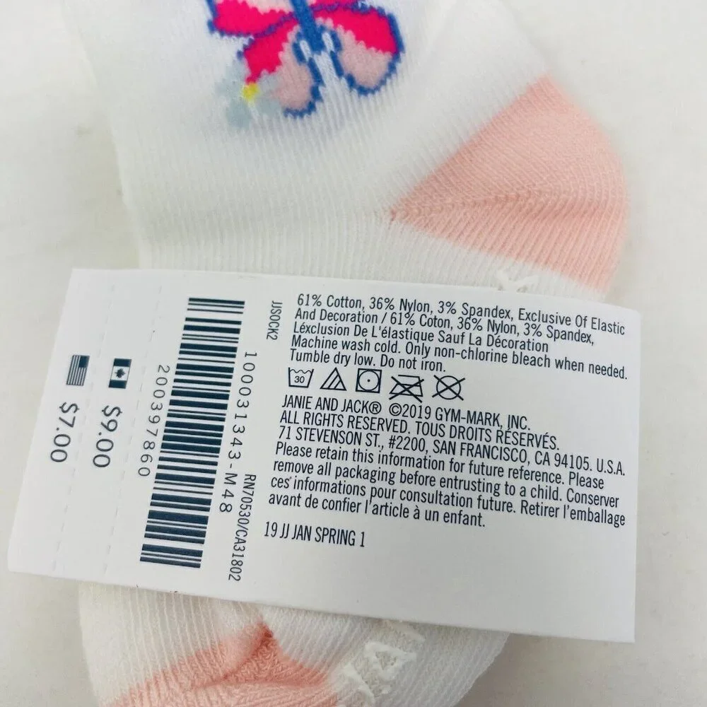 Janie and Jack Baby Girls 3-6 Months Butterfly Ruffle‎ Ankle Socks in White/Pink